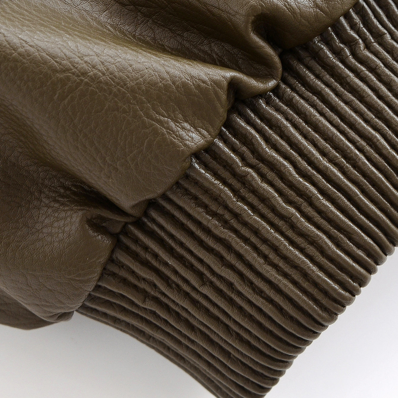 Casual polo collar faux leather short jacket in olive green with ribbed knit lining