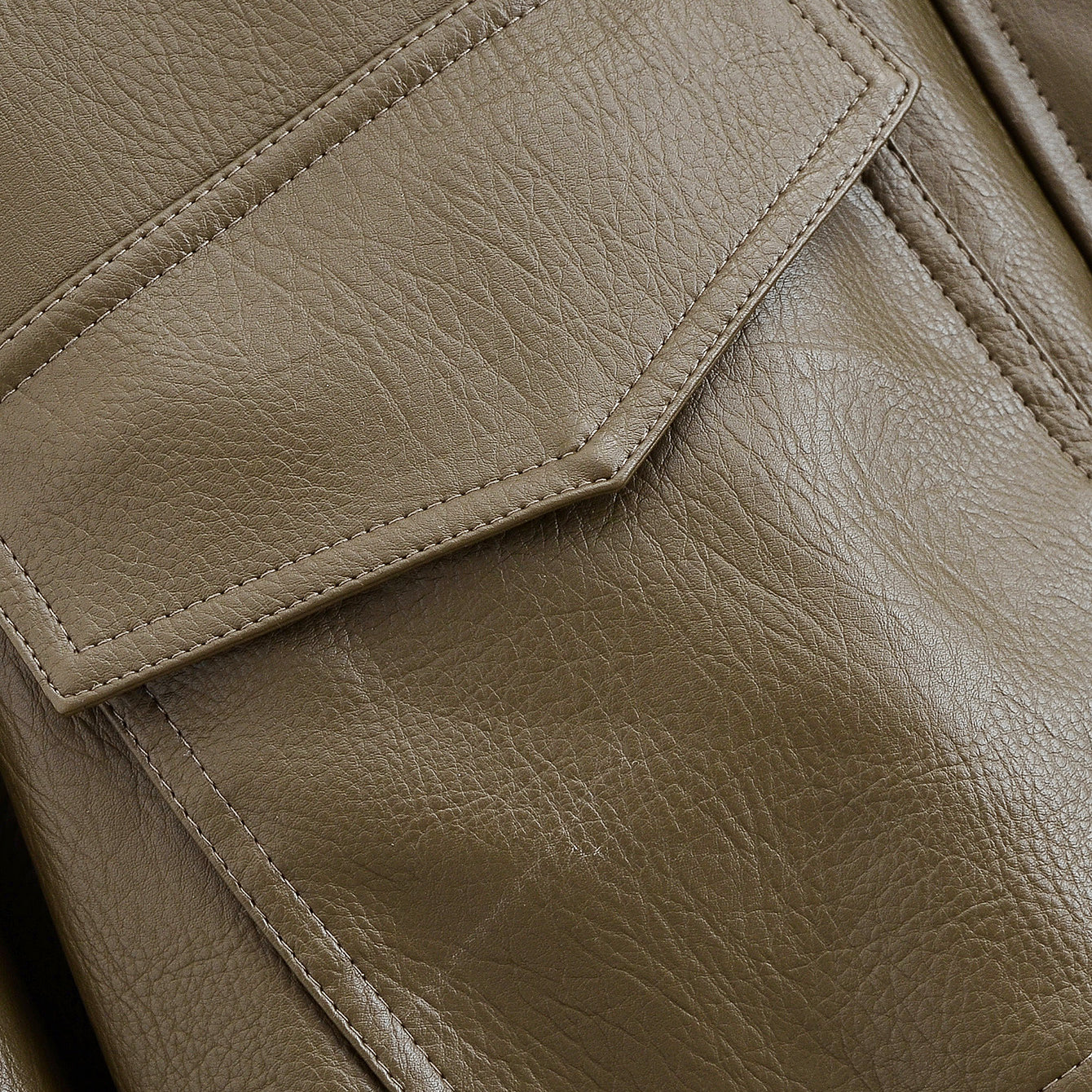 Langry faux leather casual polo collar short jacket with beige textured patch pockets