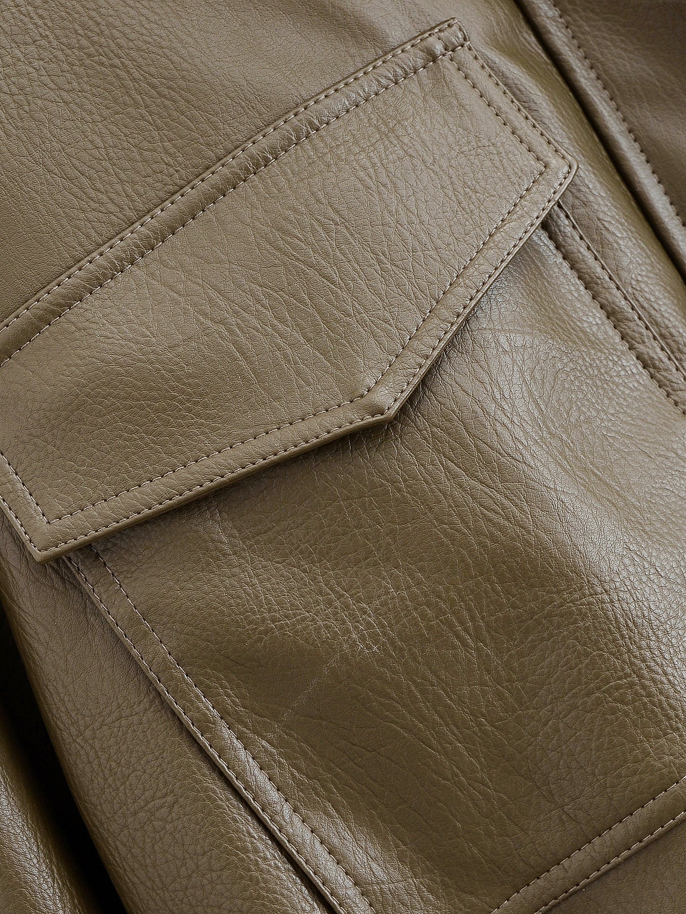 Langry faux leather casual polo collar short jacket with beige textured patch pockets