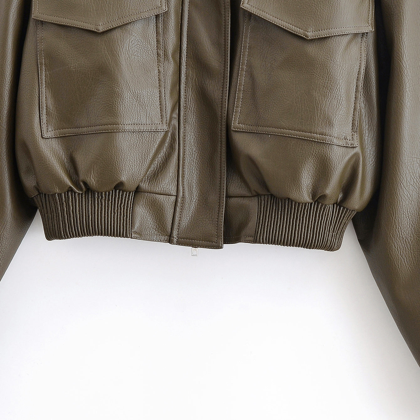 Olive green faux leather bomber jacket with ribbed cuffs and pockets
