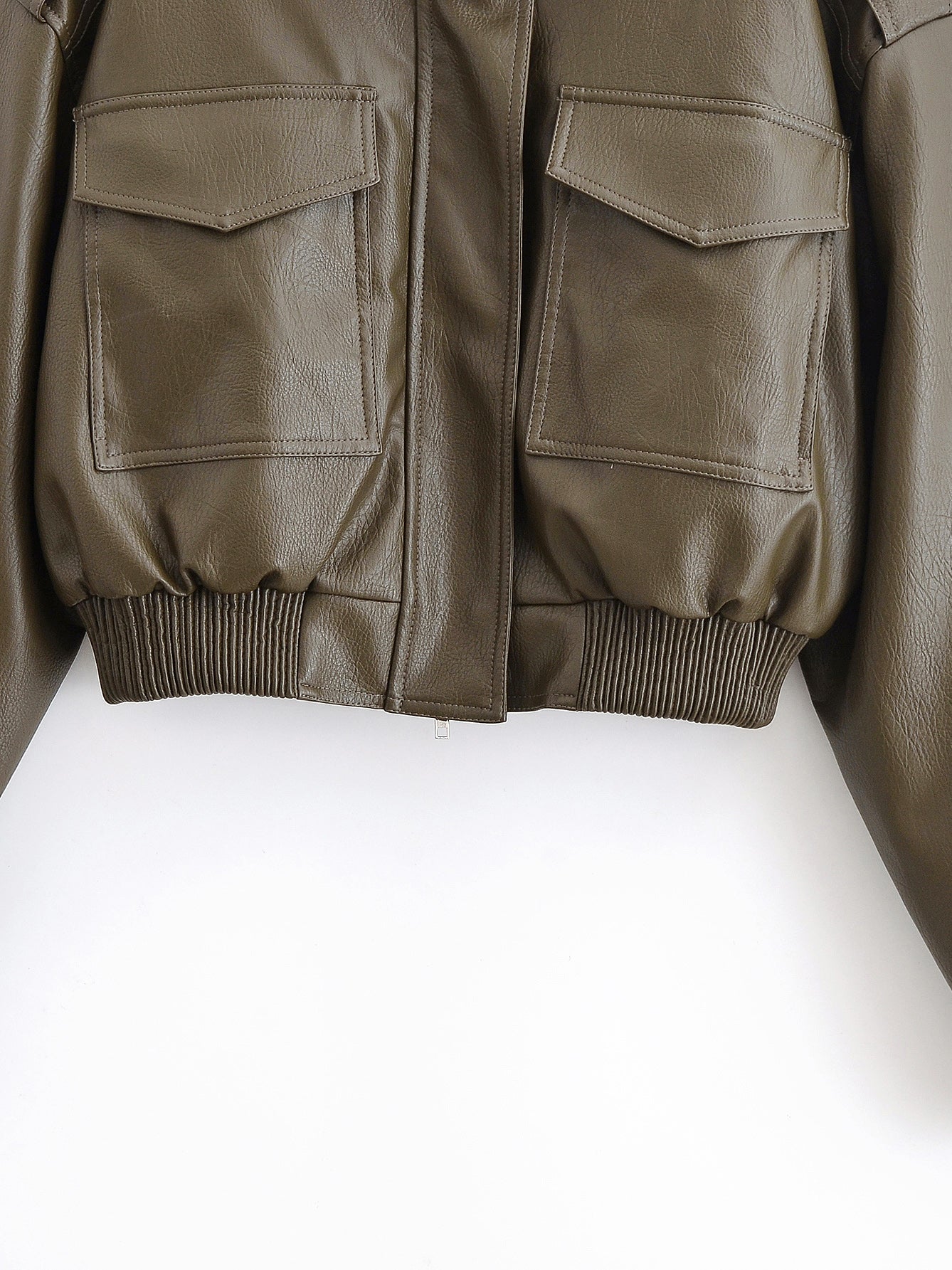 Olive green faux leather bomber jacket with ribbed cuffs and pockets