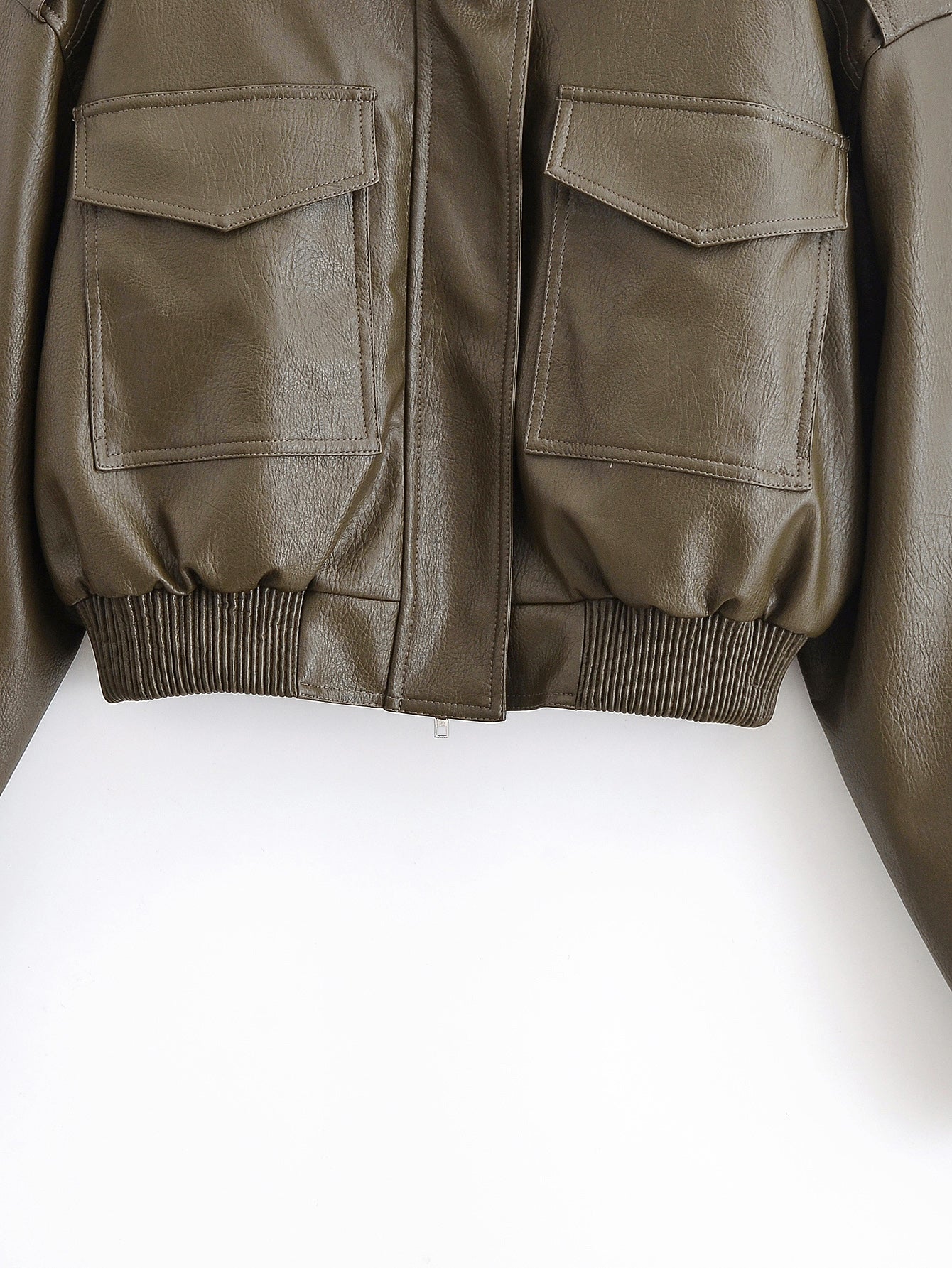 Olive green faux leather bomber jacket with ribbed cuffs and pockets