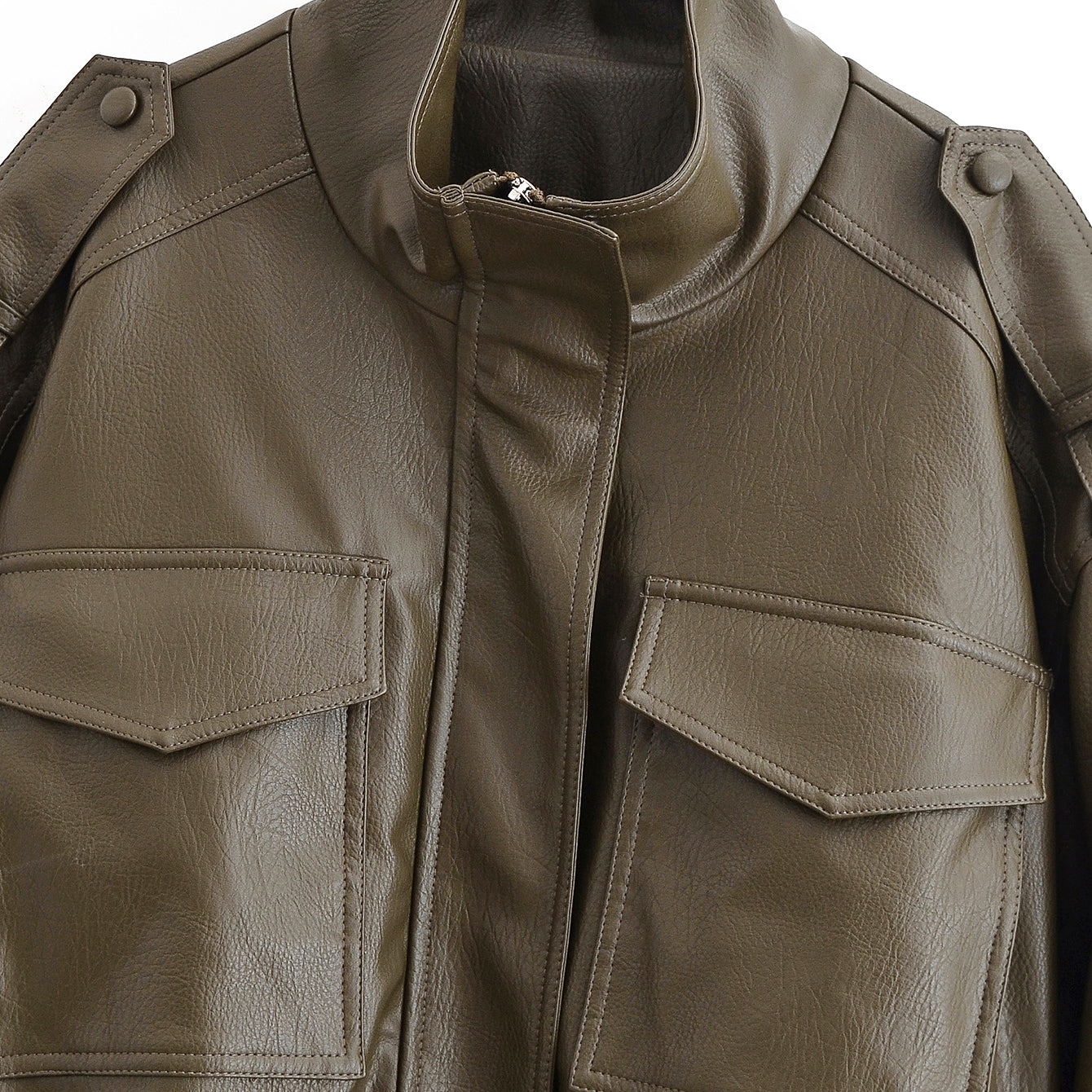 Olive green faux leather jacket with high collar and pockets by Langry
