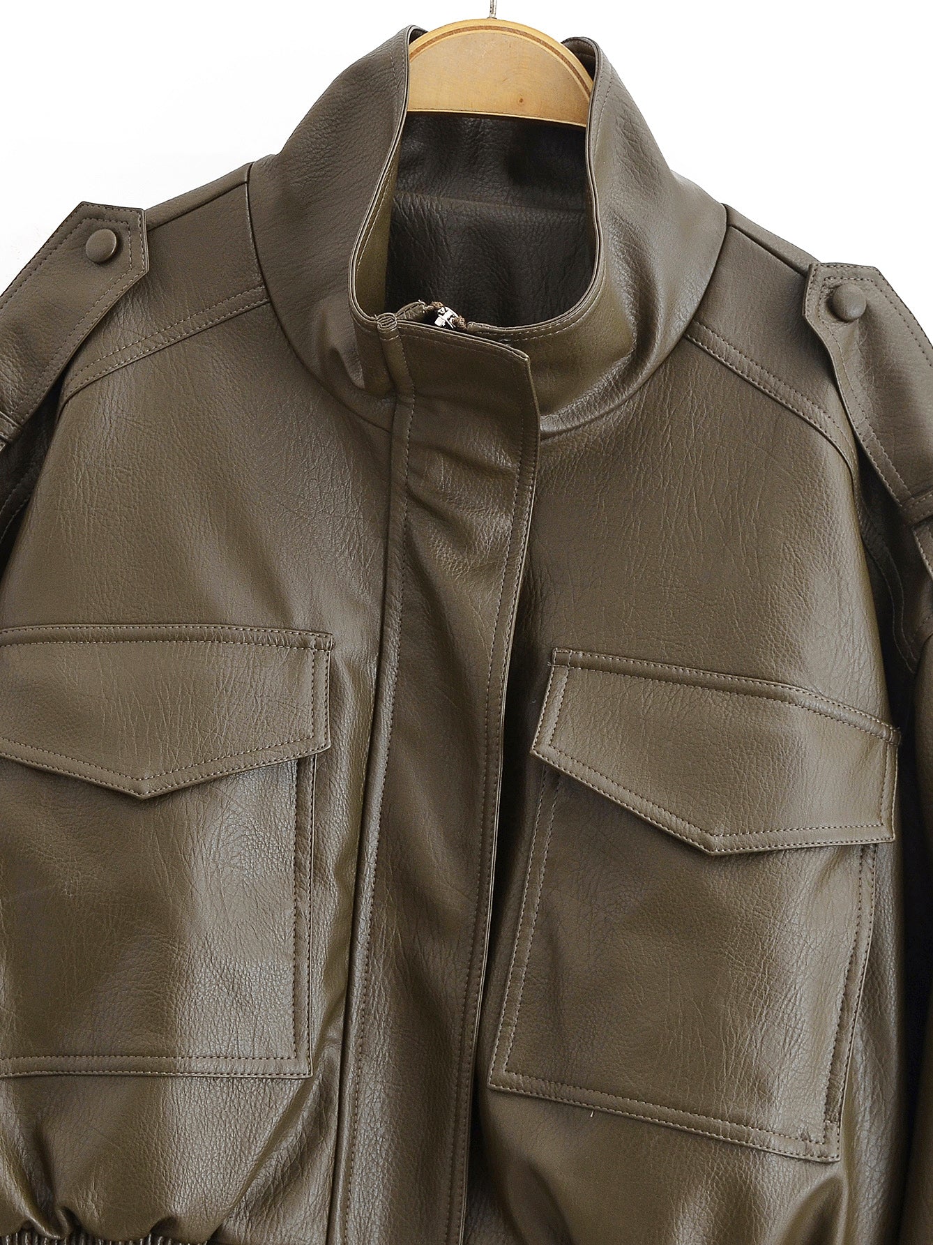 Olive green faux leather jacket with high collar and pockets by Langry