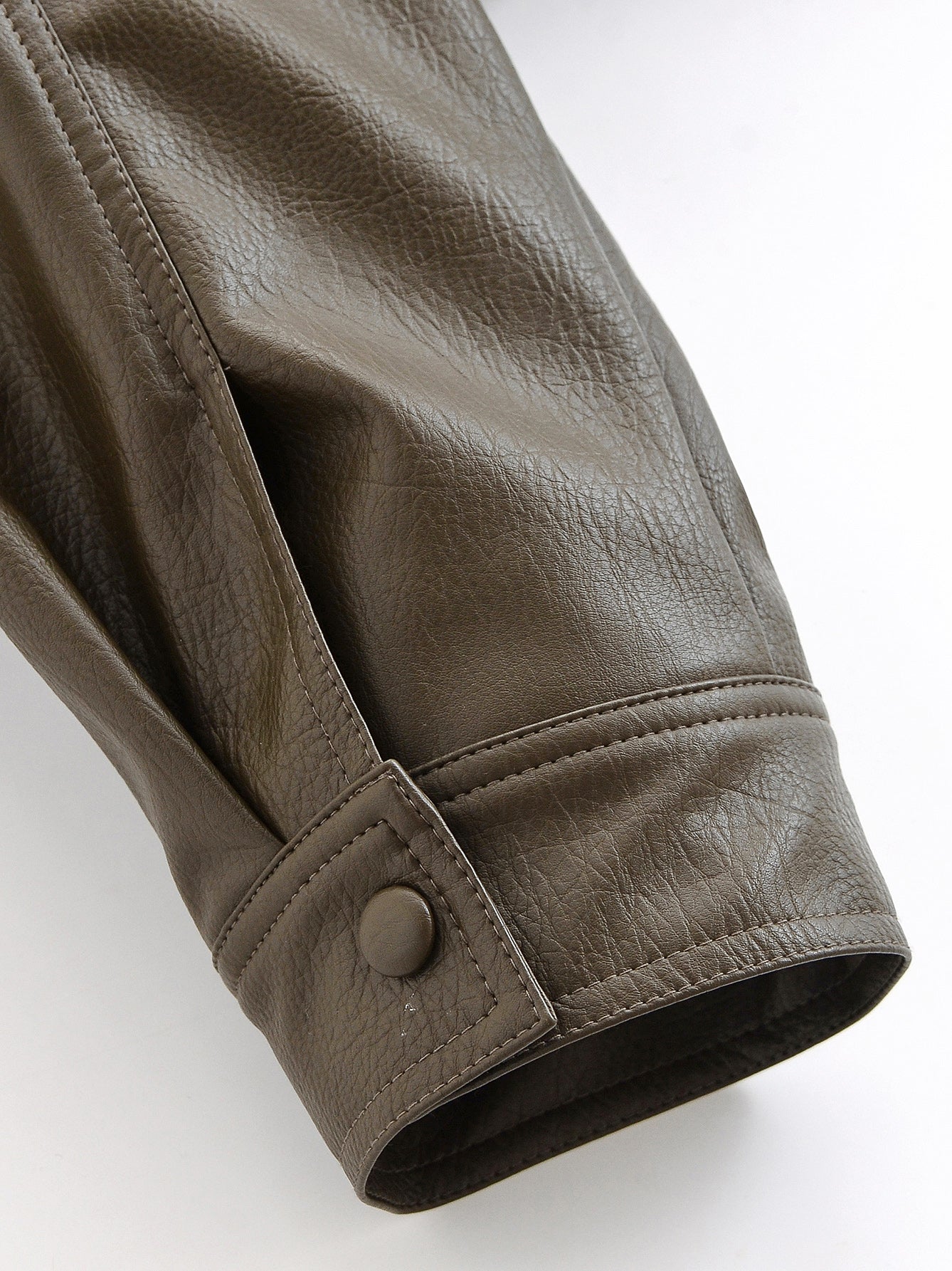 Casual polo collar faux leather short jacket in brown with textured surface and buttoned cuffs