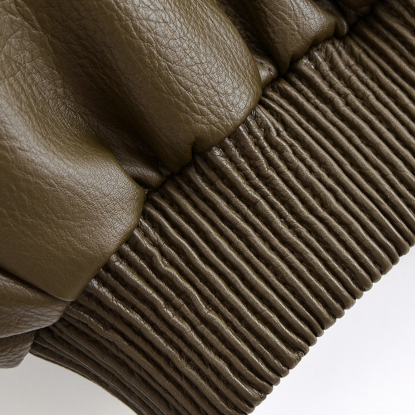 Olive green faux leather gloves with ribbed wrist and textured palm