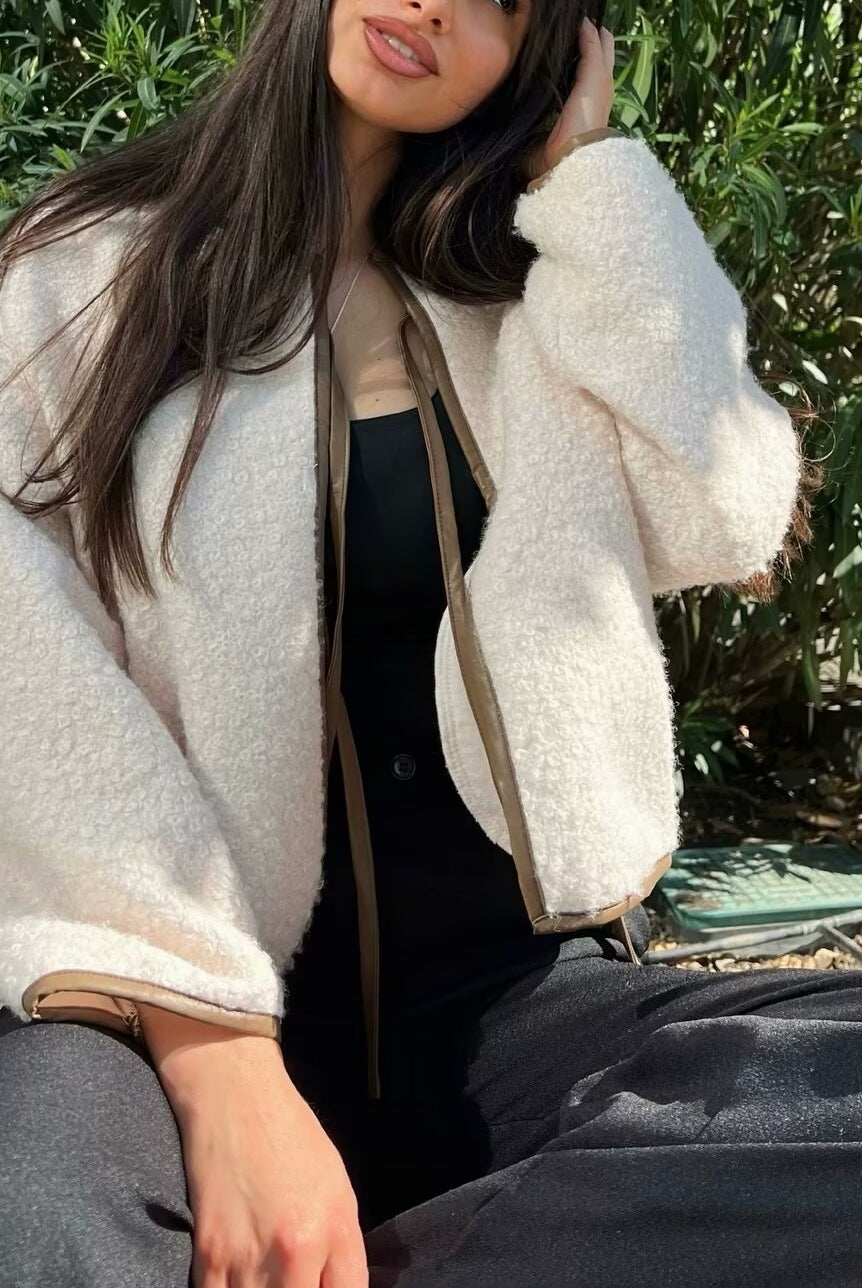 Cozy Langry lace-up coat: cream fluffy jacket with brown trim, oversized fit