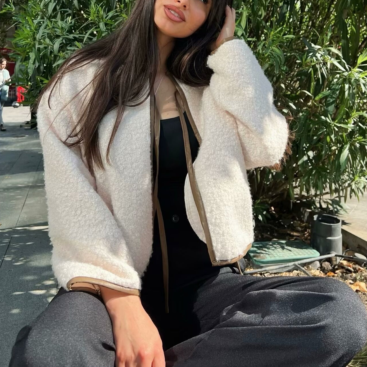 Cozy Langry lace-up coat: cream fluffy jacket with brown trim, oversized fit