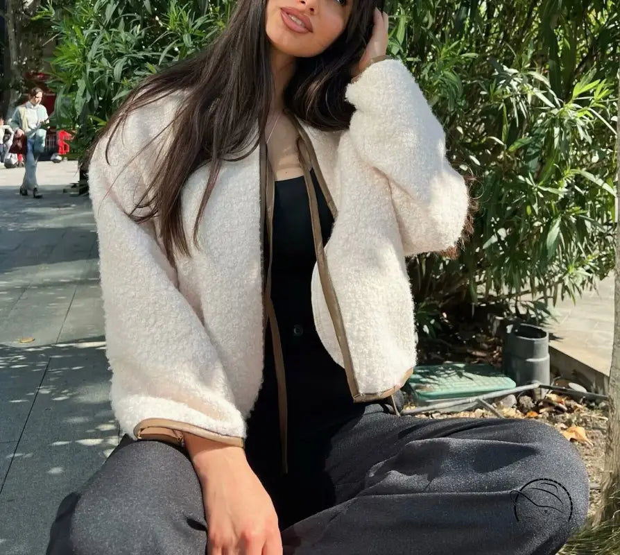 Cozy lace up cream fluffy jacket with brown trim, Langry fashion oversized fit