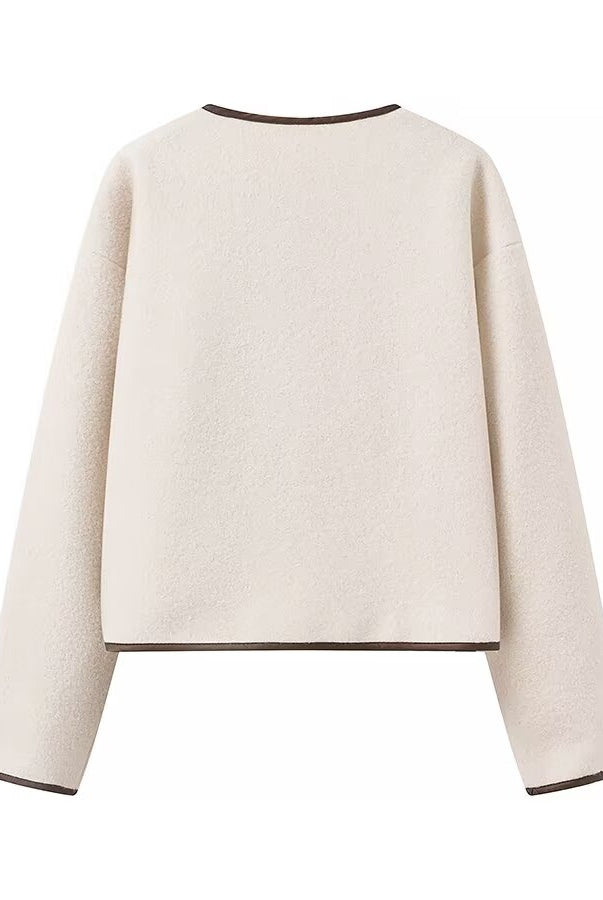 Langry fashion cream-colored cropped sweater with black trim, round neckline