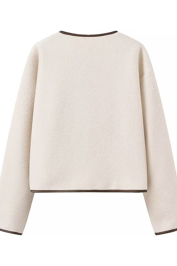 Langry fashion cream-colored cropped sweater with black trim, round neckline
