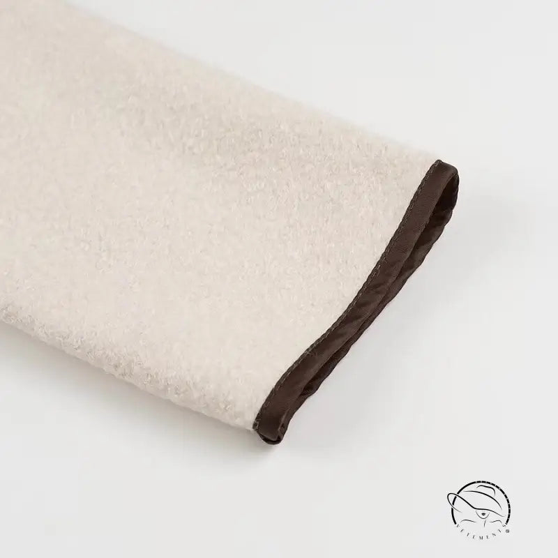 Cozy lace up coat with beige and brown textured towel trim