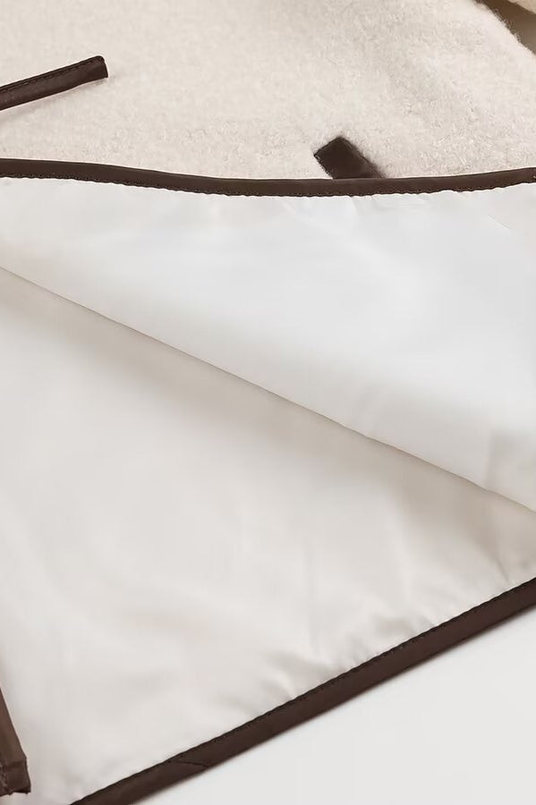 Langry fashion white and brown trim zippered pouch with drawstring closure for cozy lace up coat