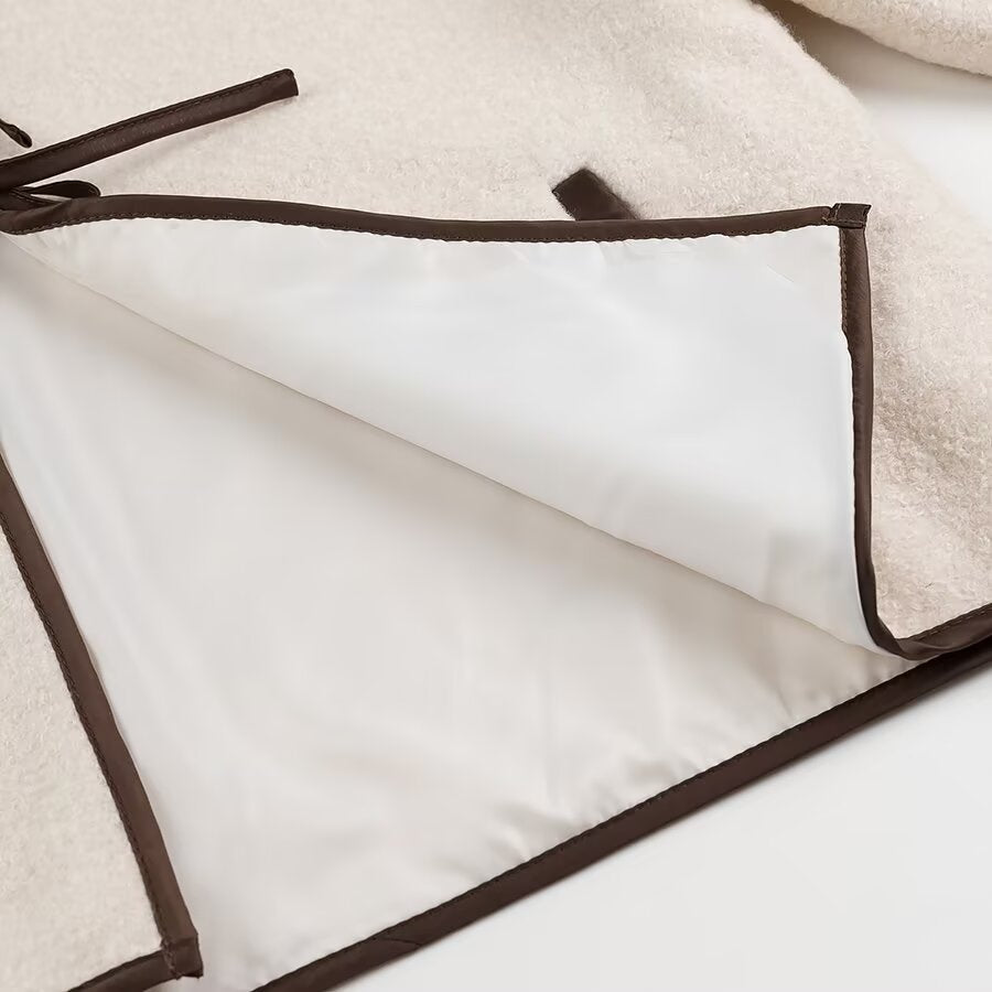 Langry fashion white and brown trim zippered pouch with drawstring closure for cozy lace up coat