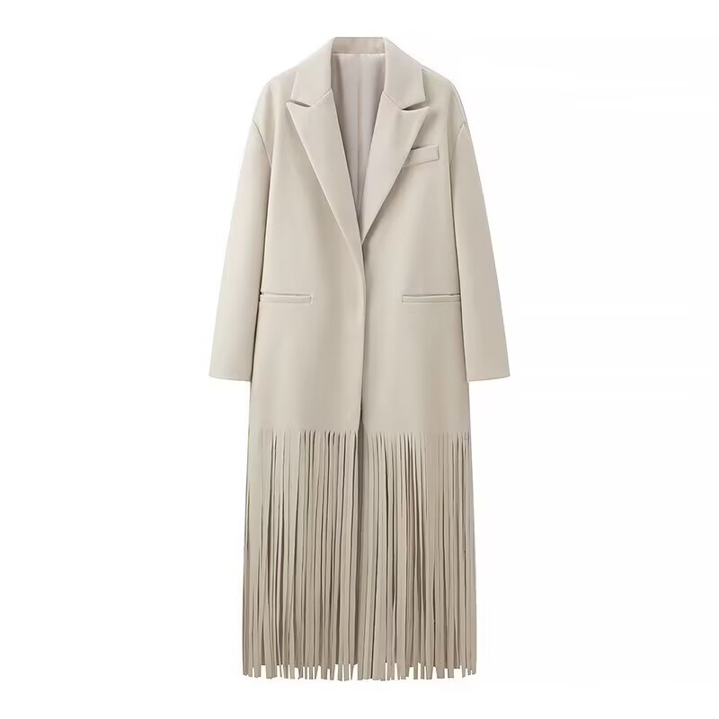 Beige mid-length tassel trench coat in langry fashion ملابس
