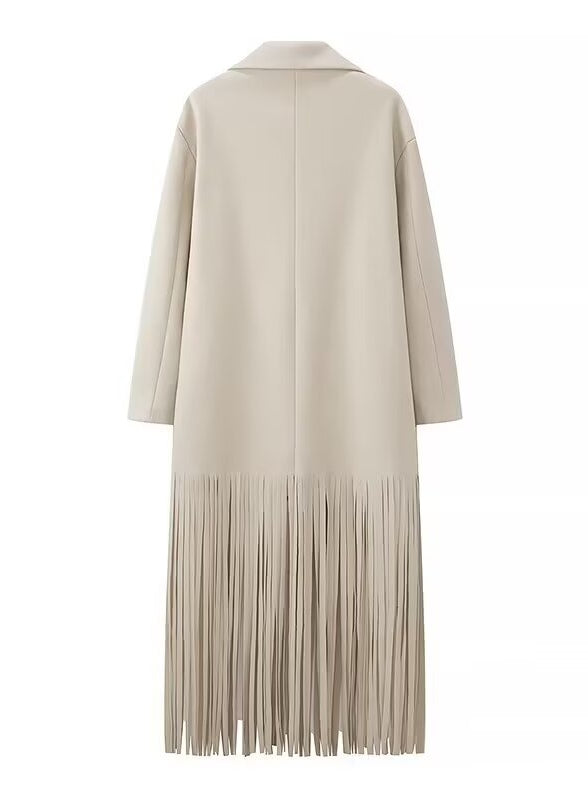 Beige langry fashion trench coat with fringe, double-breasted closure