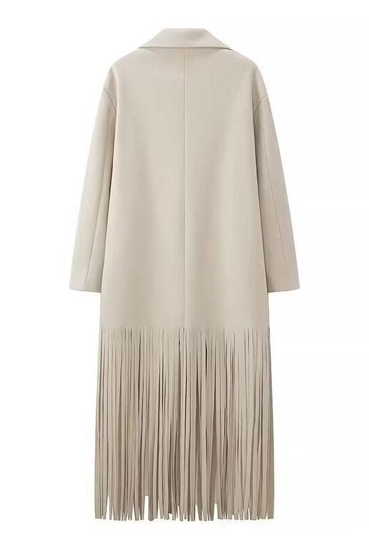 Beige langry fashion trench coat with fringe, double-breasted closure
