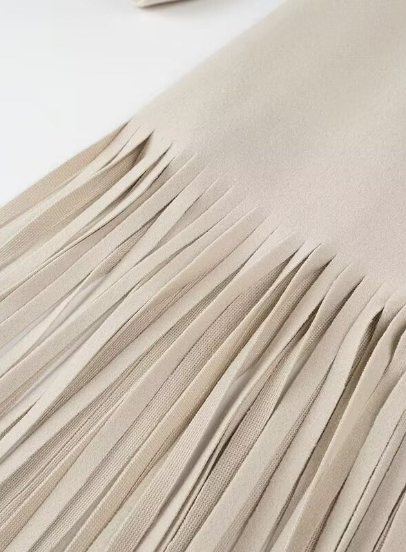 Langry fashion beige pleated skirt with textured weave and elastic waistband