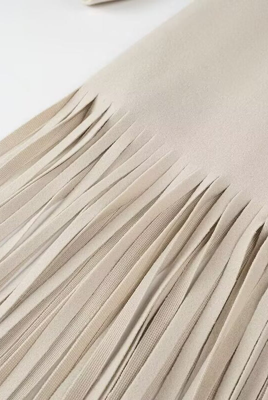 Langry fashion beige pleated skirt with textured weave and elastic waistband