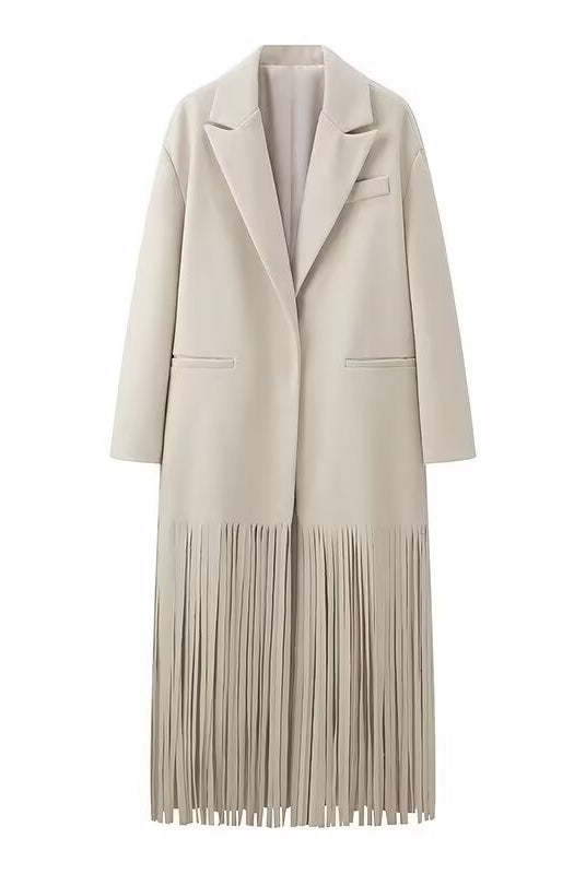 Beige mid-length tassel trench coat with fringe and pockets, langry fashion ملابس