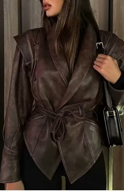 Fashionable Langry faux leather jacket with high collar and tie waist