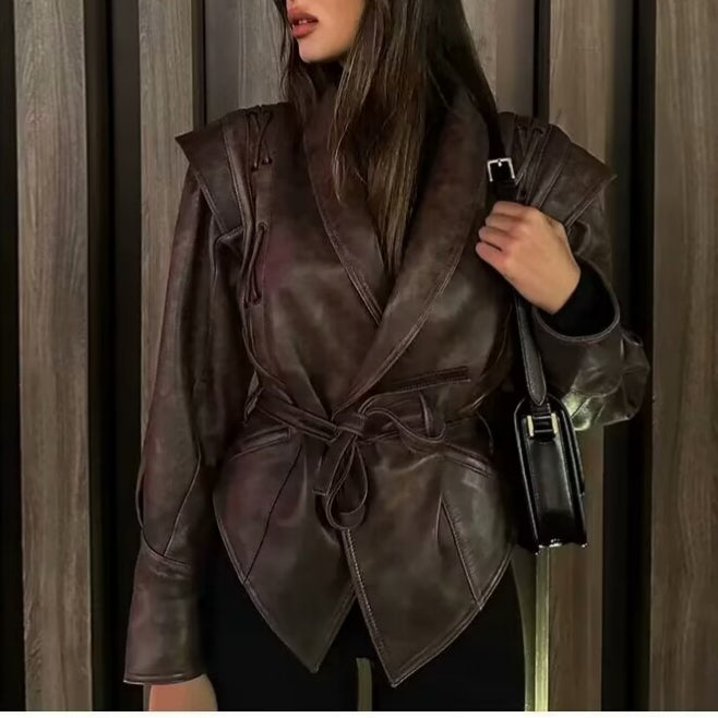 Fashionable Langry faux leather jacket with high collar and tie waist