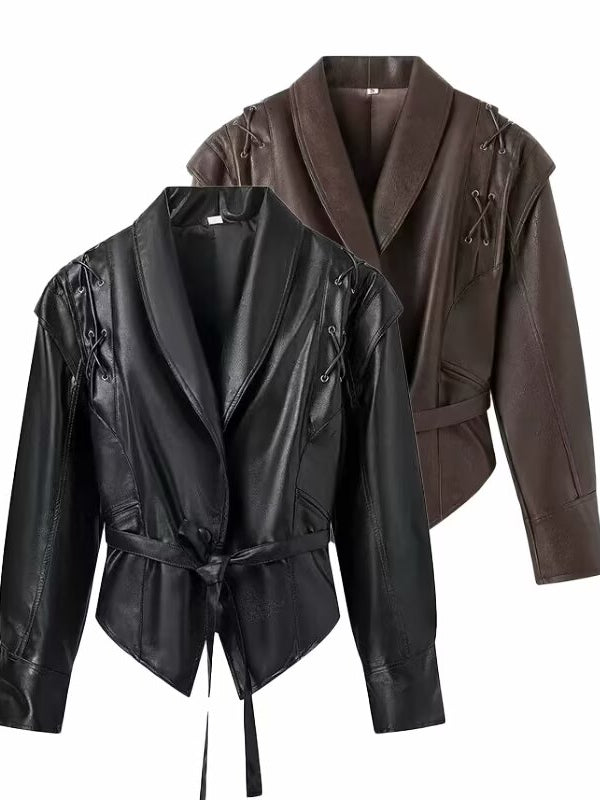 Fashionable Langry faux leather jacket with lace detailing and tie waist