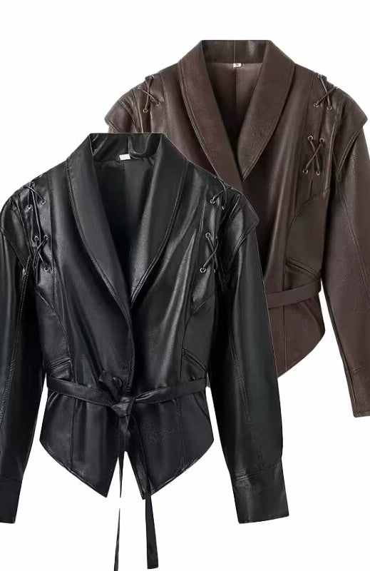 Fashionable Langry faux leather jacket with lace detailing and tie waist