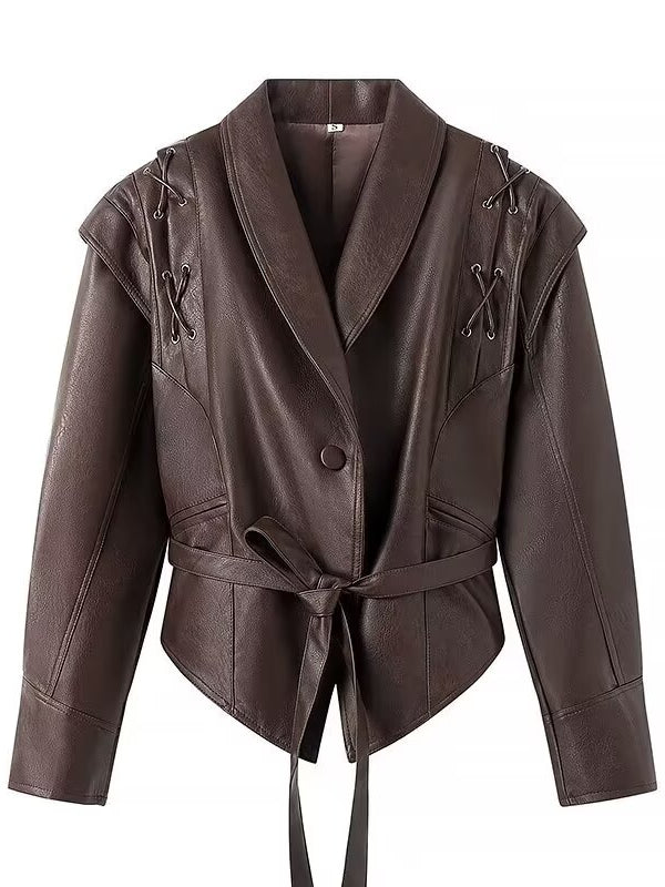 Fashionable Langry faux leather jacket with ruffled sleeves and tie waist