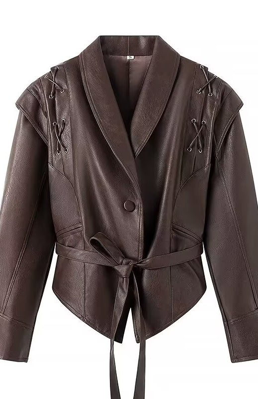 Fashionable Langry faux leather jacket with ruffled sleeves and tie waist