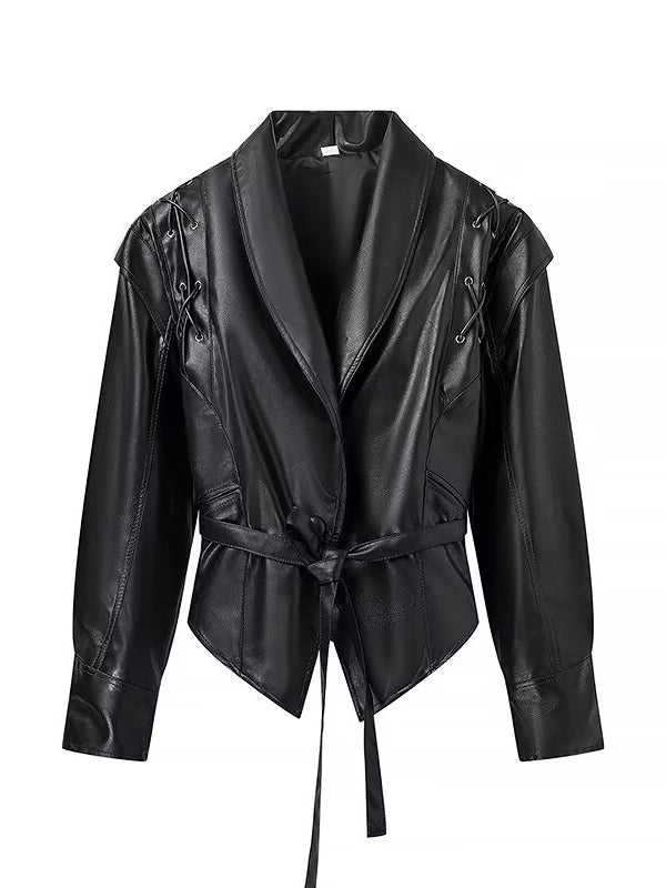 Fashionable Langry faux leather jacket with lace-up details and tie waist