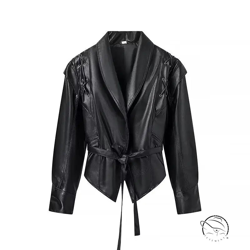 Fashionable faux leather jacket with lace-up details and tie waist
