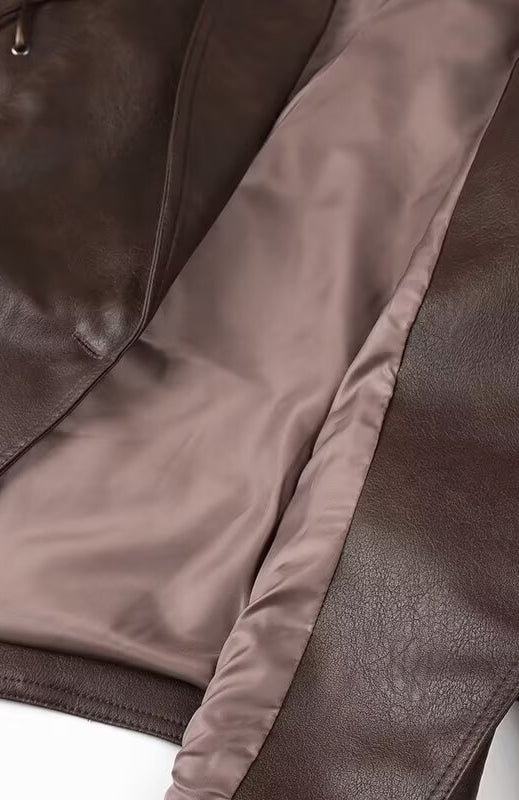 Fashionable Langry faux leather jacket with satin lining and zipper detail