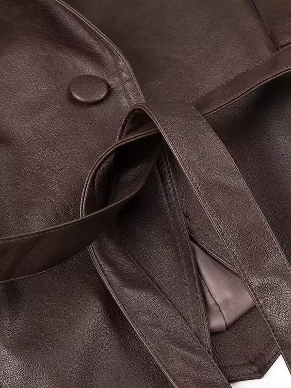 Fashionable langry faux leather jacket with brown button closure and belt detail