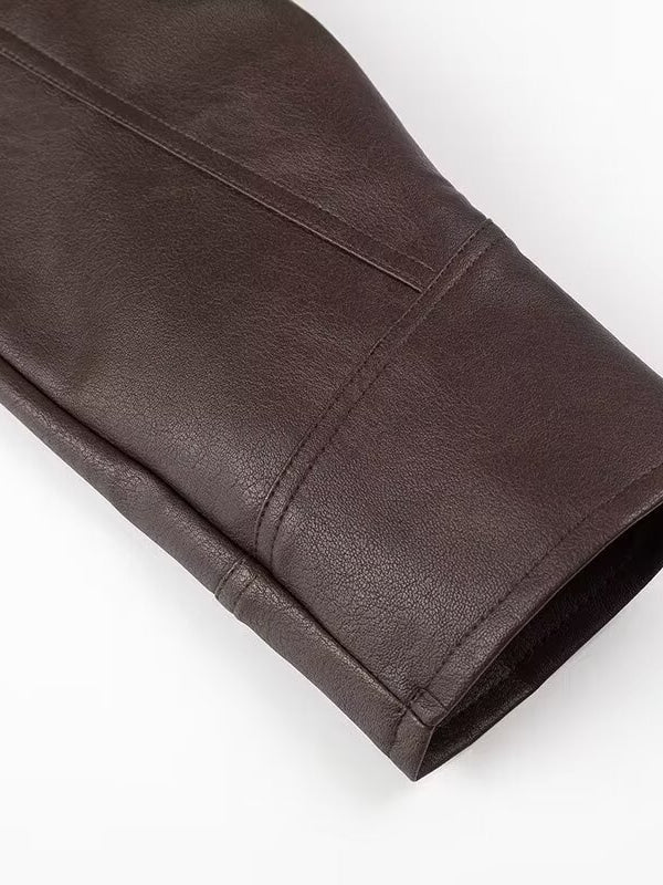 Brown leather jacket sleeve with stitching details and pocket from Langry