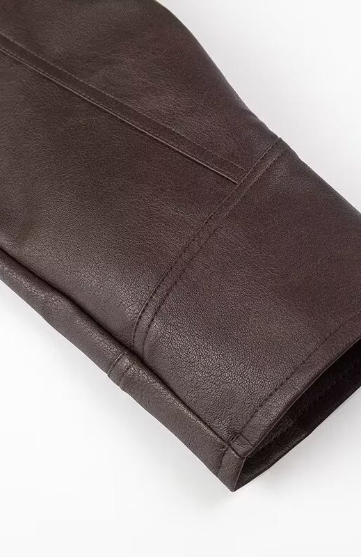 Brown leather jacket sleeve with stitching details and pocket from Langry