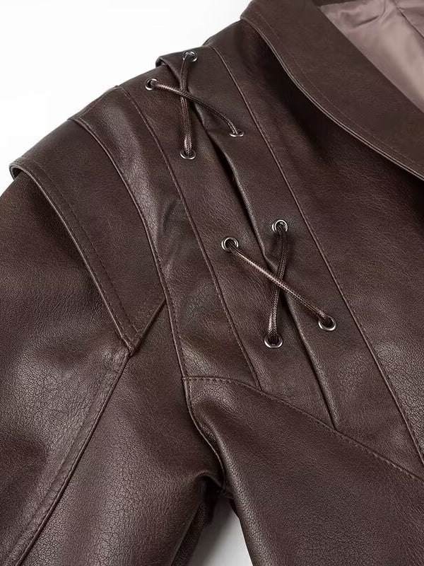 Fashionable Langry faux leather jacket with laces and hooded collar
