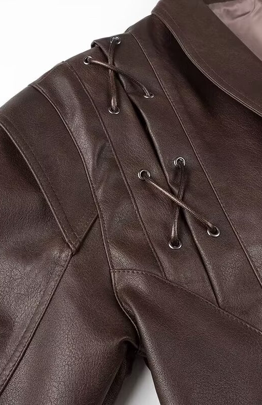 Fashionable Langry faux leather jacket with laces and hooded collar