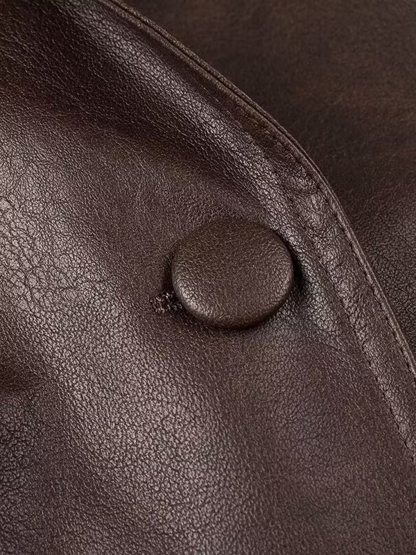 Fashionable Langry faux leather jacket with large buttons and textured brown surface