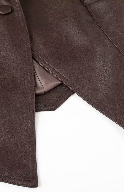 Fashionable Langry faux leather jacket with button closure and flap pockets