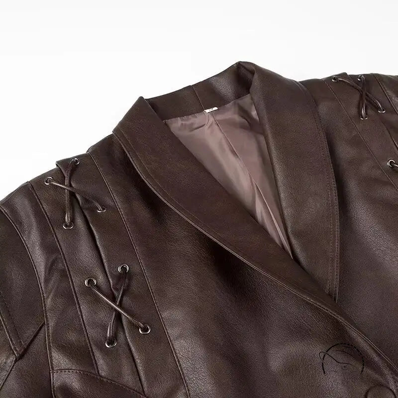 Fashionable faux leather jacket with lace-up front and collar