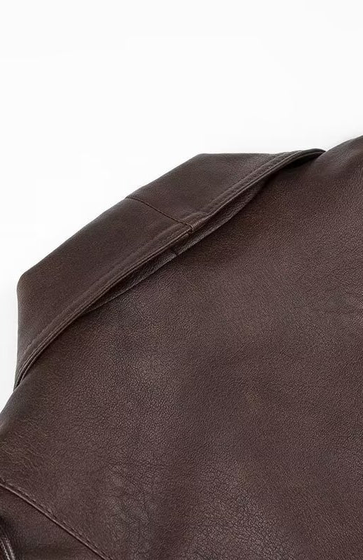 Langry faux leather jacket with brown drawstring backpack