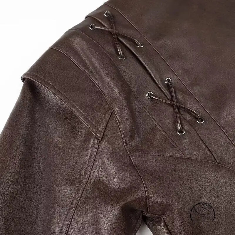 Fashionable faux leather jacket with laces and pockets