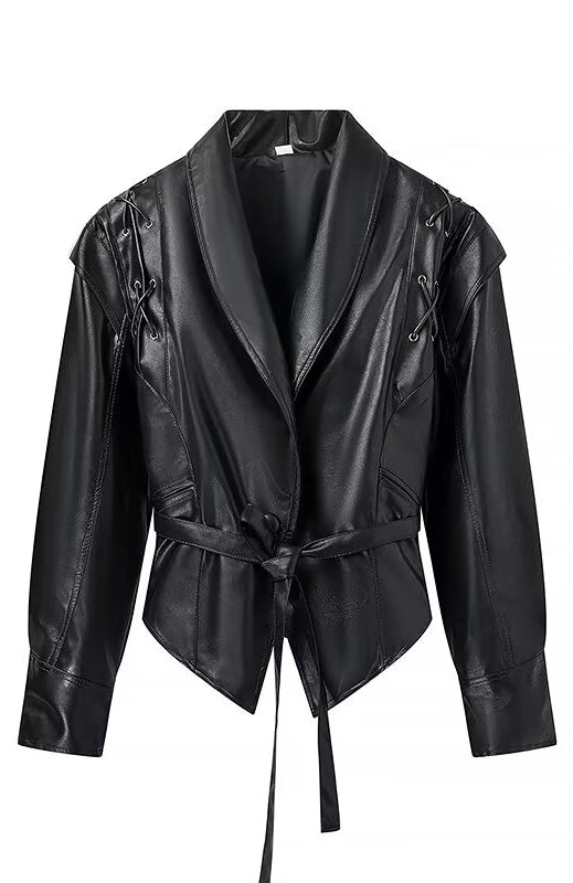 Fashionable Langry faux leather jacket with lace-up details and tie waist
