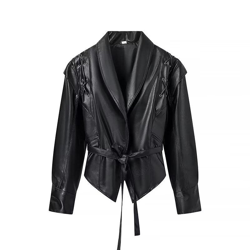 Fashionable Langry faux leather jacket with lace-up details and tie waist