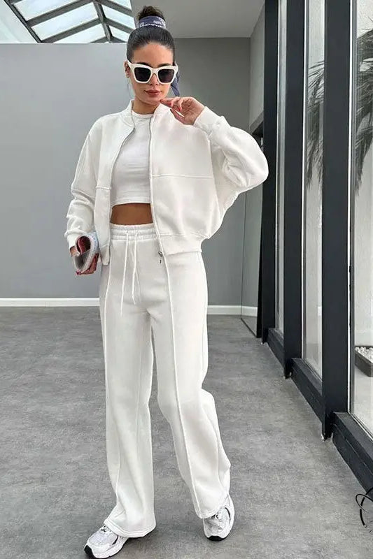 Winter Fur Zipper Cardigan Casual Straight Pants Two Piece Sets