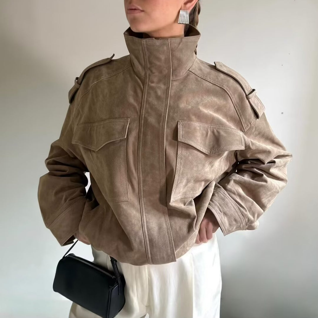 Elegant beige suede military jacket in Langry fashion ملابس