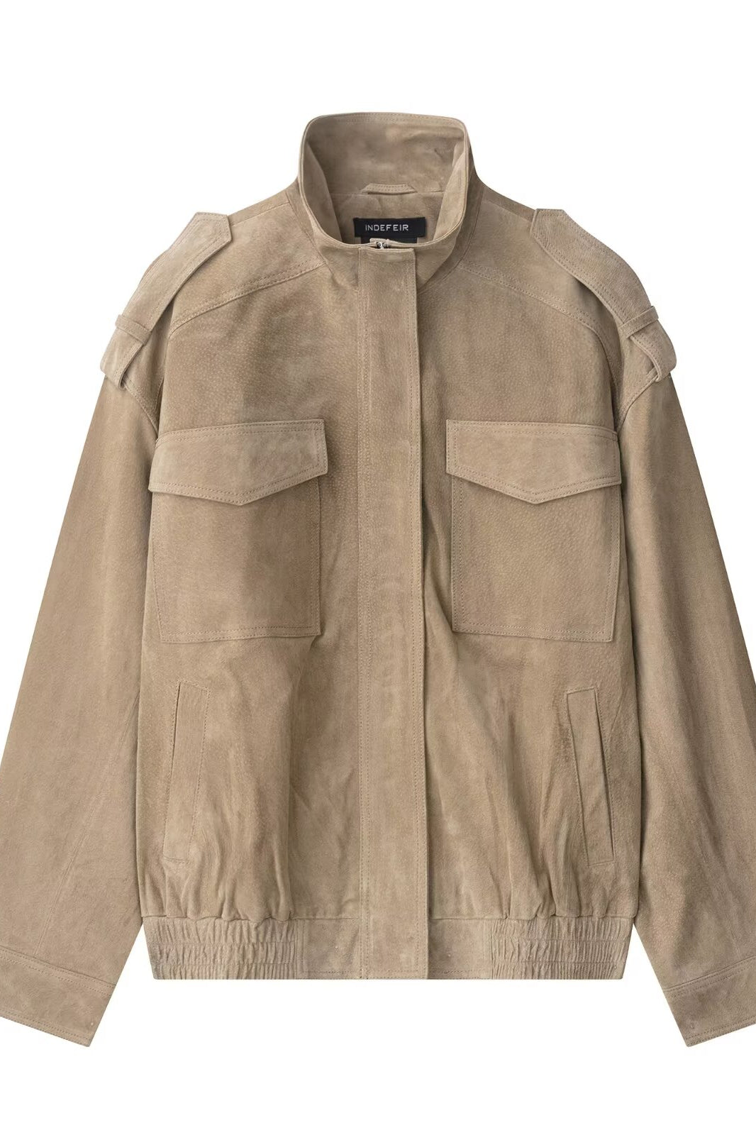 Elegant beige suede jacket with pockets and high collar, Langry fashion ملابس