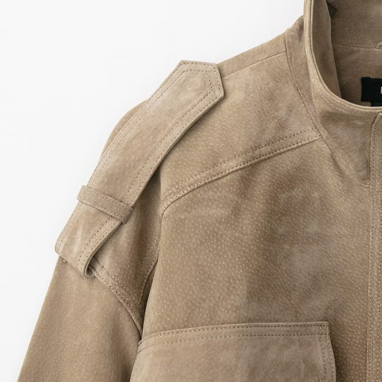 Elegant beige suede fashion jacket with patch pockets and collar from Langry