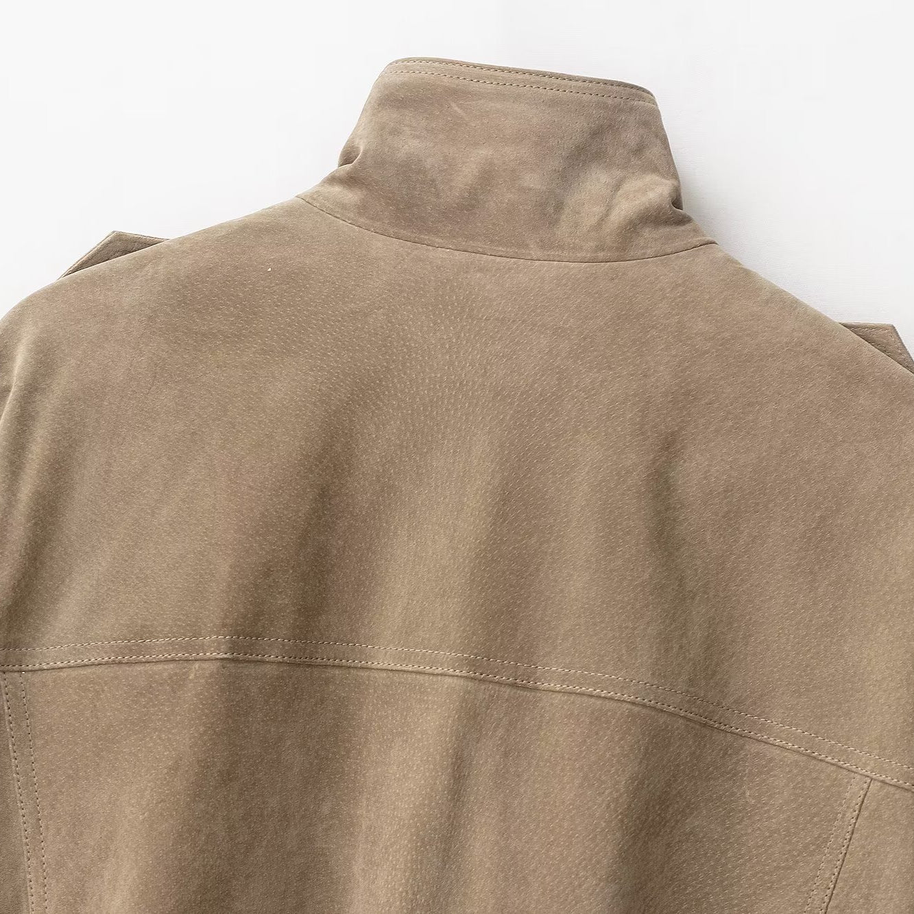 Elegant suede textured beige utility jacket with pockets and high collar, langry fashion ملابس